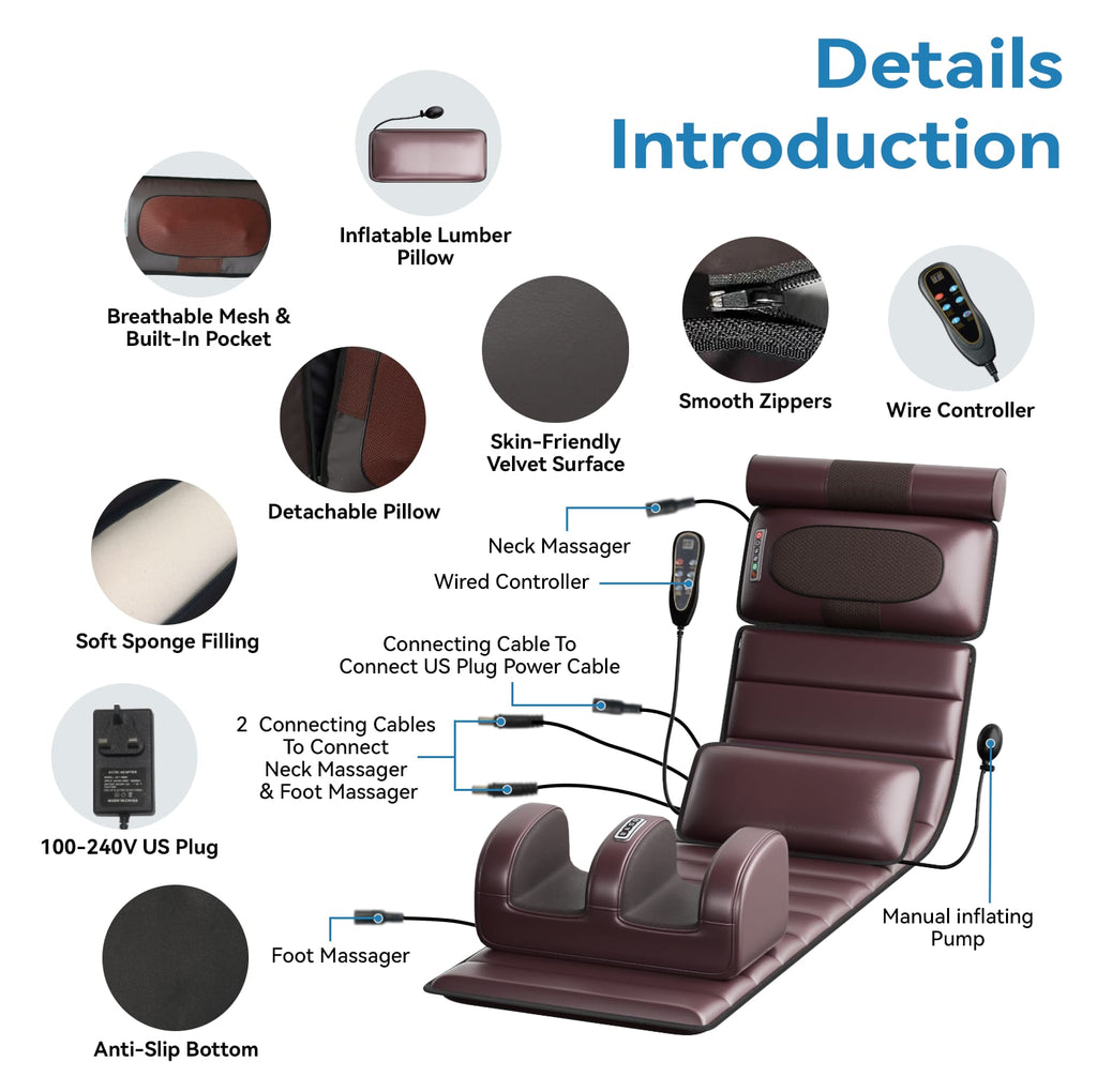 Full Body Massage Mattress | Neck, Back, Lumbar & Foot Massager | Foldable Seat | Wired Controller | Brown