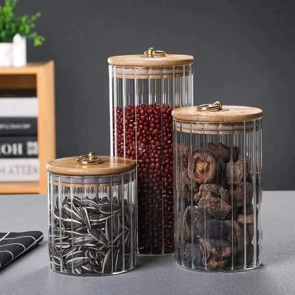 Ribbed Glass Storage Jar with Bamboo Lid & Golden Pull Ring | 3 Sizes