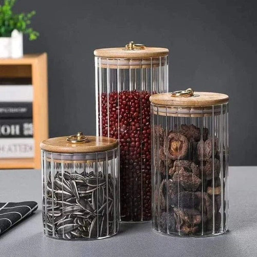Ribbed Glass Storage Jar with Bamboo Lid & Golden Pull Ring | 3 Sizes