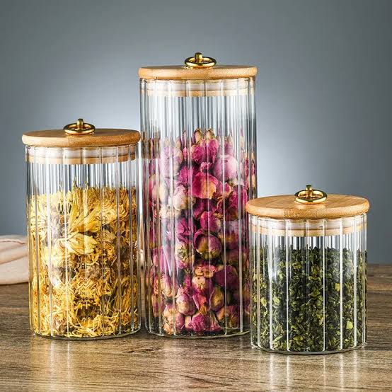 Ribbed Glass Storage Jar with Bamboo Lid & Golden Pull Ring | 3 Sizes