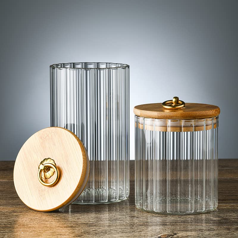 Ribbed Glass Storage Jar with Bamboo Lid & Golden Pull Ring | 3 Sizes