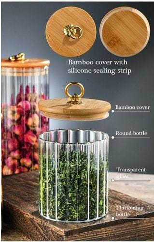 Ribbed Glass Storage Jar with Bamboo Lid & Golden Pull Ring | 3 Sizes