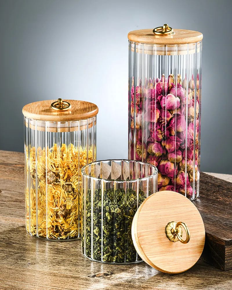 Ribbed Glass Storage Jar with Bamboo Lid & Golden Pull Ring | 3 Sizes