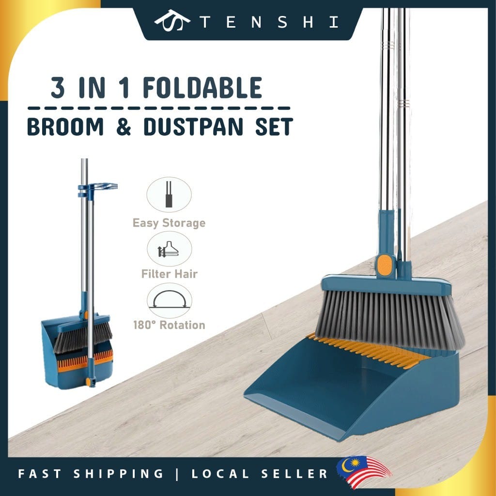3-in-1 Foldable Broom & Dustpan Set with Hair Comb Filter | Long Handle | 91cm