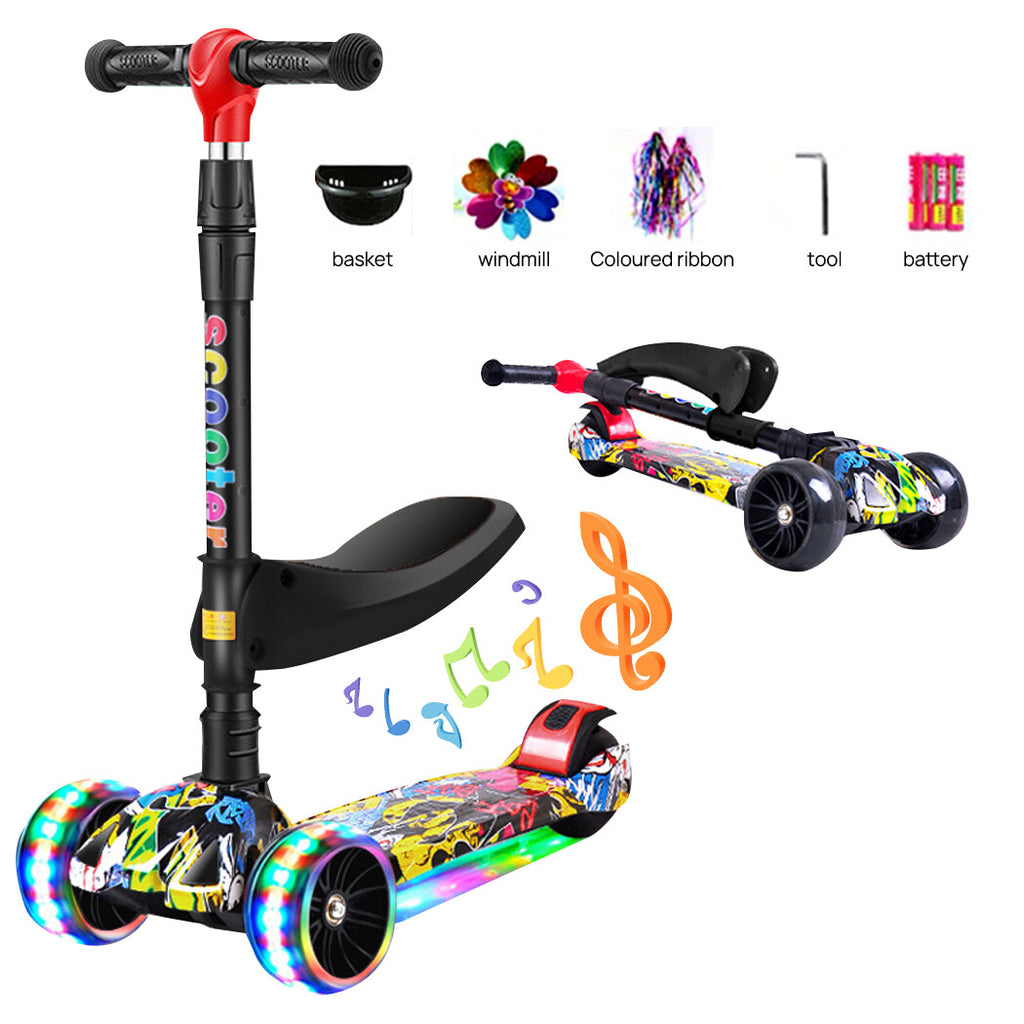 3-Wheel Kids Scooter with Foldable Seat, LED Flash Wheels & Music | 100kg Capacity | 2 Designs