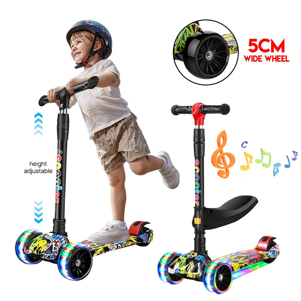 3-Wheel Kids Scooter with Foldable Seat, LED Flash Wheels & Music | 100kg Capacity | 2 Designs