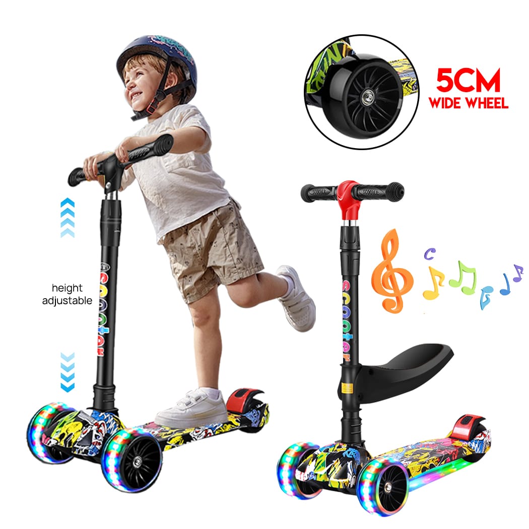 3-Wheel Kids Scooter with Foldable Seat, LED Flash Wheels & Music | 100kg Capacity | 2 Designs