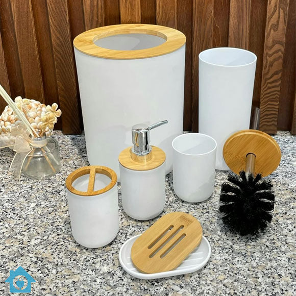 6PC Bamboo & Resin Bathroom Accessories Organizer Set – Matt Finish