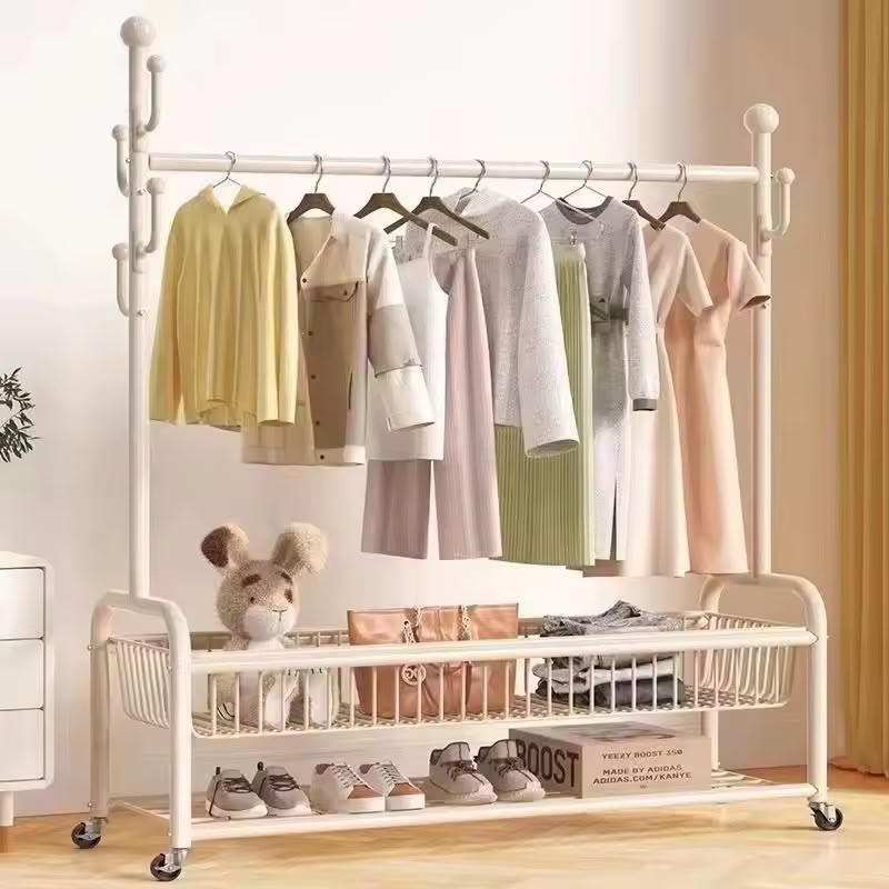 Heavy Duty Garment Rack – Double Basket Clothes Hanger Stand with Wheels