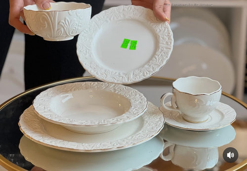 39pcs white porcelain embossed ceramic dinner set with gold rim showing plates, bowls, cup and saucer
