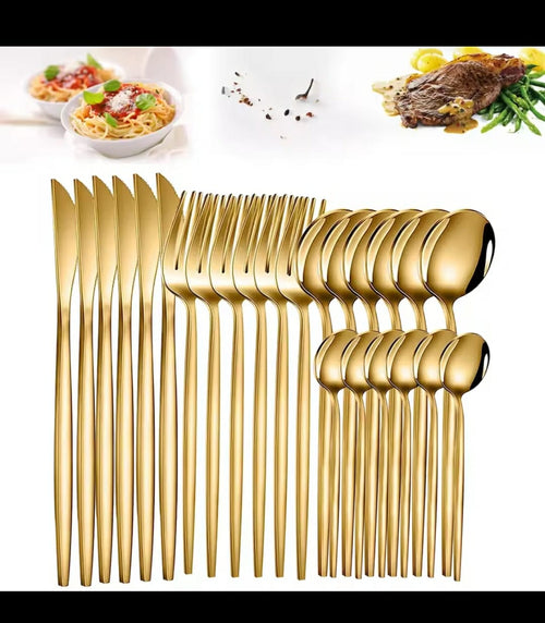 24pcs Luxury Gold Stainless Steel Cutlery Set – full set display