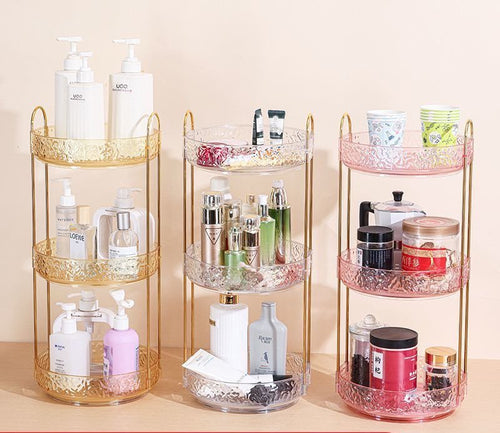 360 Rotating Makeup Rack - Pink with lipsticks and perfumes on vanity