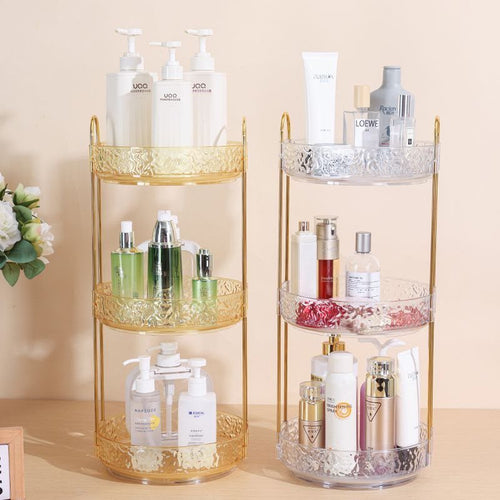 360 Rotating Makeup Rack - Gold with skincare products on vanity