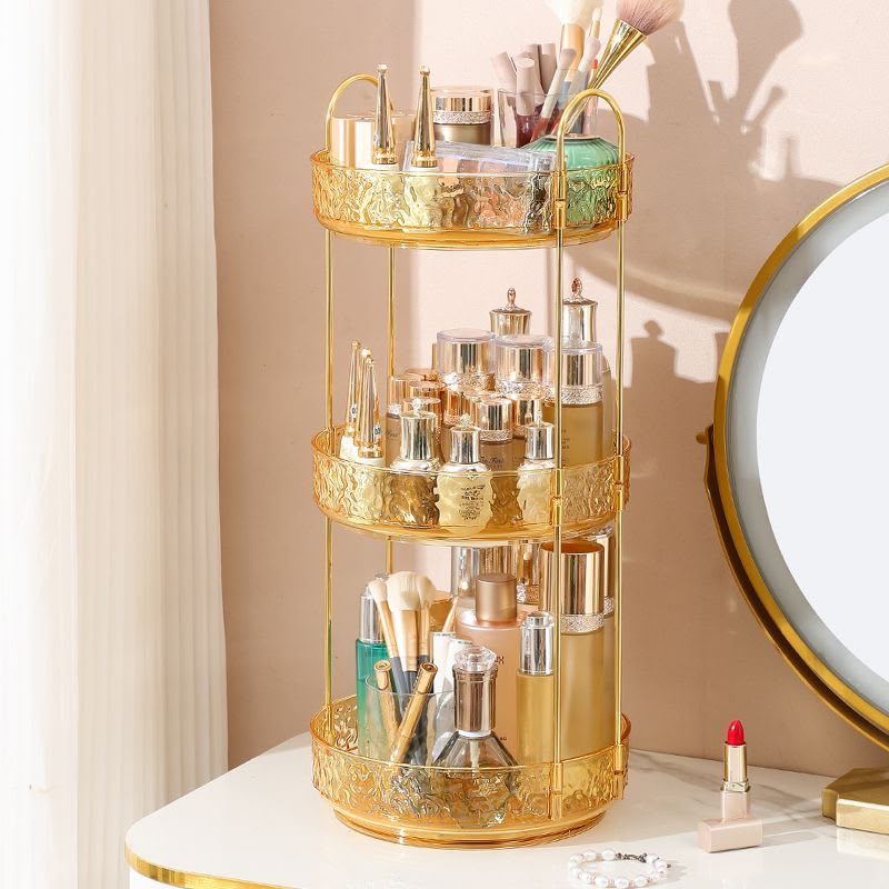 360 Rotating Makeup Rack - close-up of clear tray with OSM skincare products