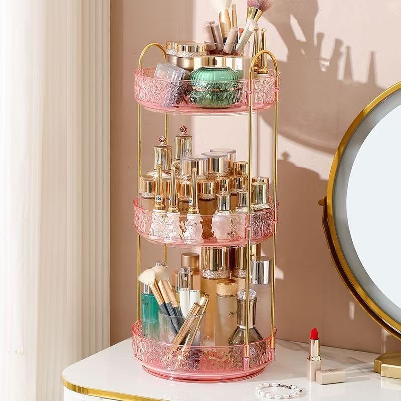 360 Rotating Makeup Rack - Clear with gold frame and skincare products
