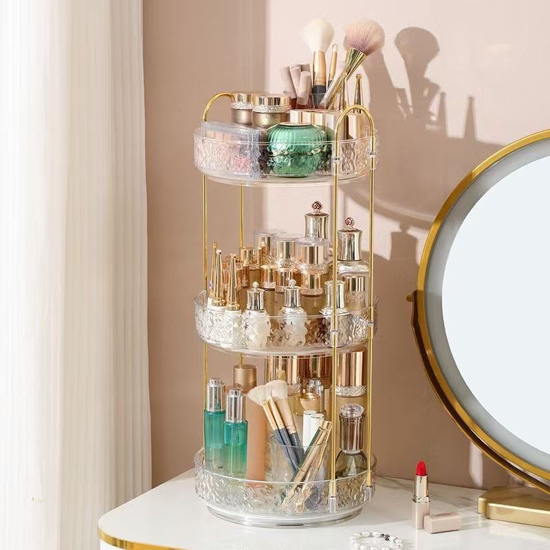 360 Rotating Makeup Rack - Amber tone in bathroom with Lancome and SK-II products
