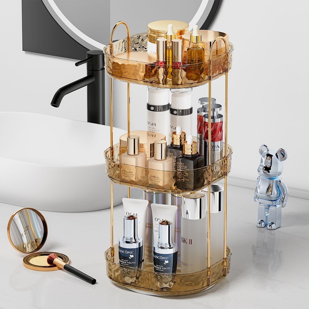 360 Rotating Makeup Rack - Pink with brushes and makeup on dressing table