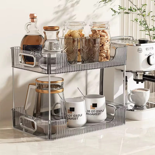 2-Tier Countertop Organizer - smoke grey kitchen setting with jars and mugs
