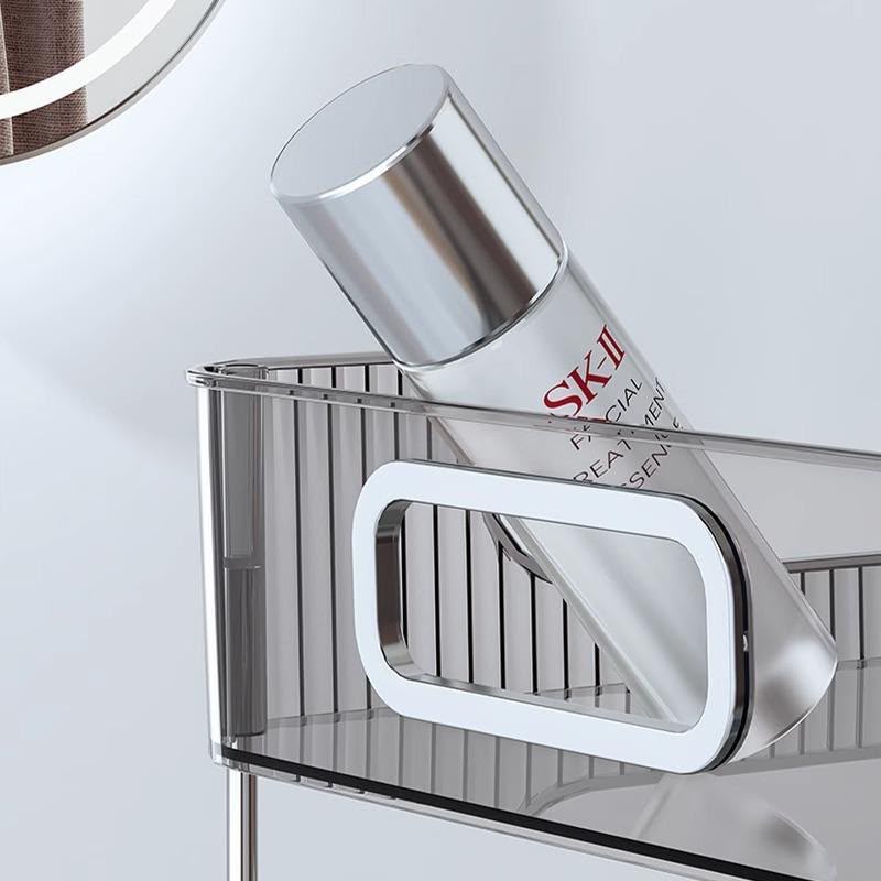 2-Tier Countertop Organizer - close-up of ribbed acrylic handle detail with SK-II bottle