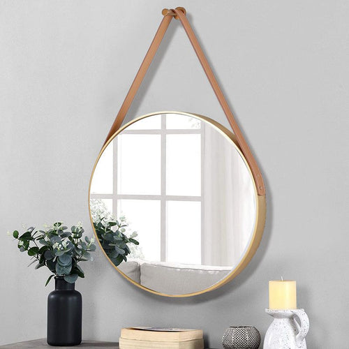 Nordic Round Mirror Gold frame - living room setting with vase and candle