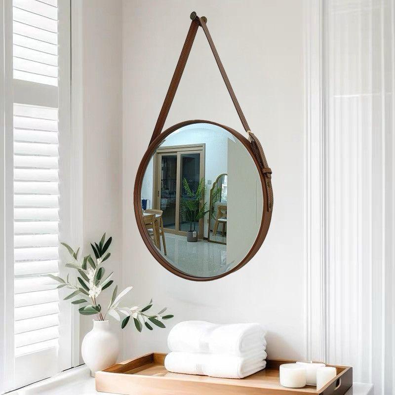 Nordic Round Mirror Dark Brown frame - bright room with shutters