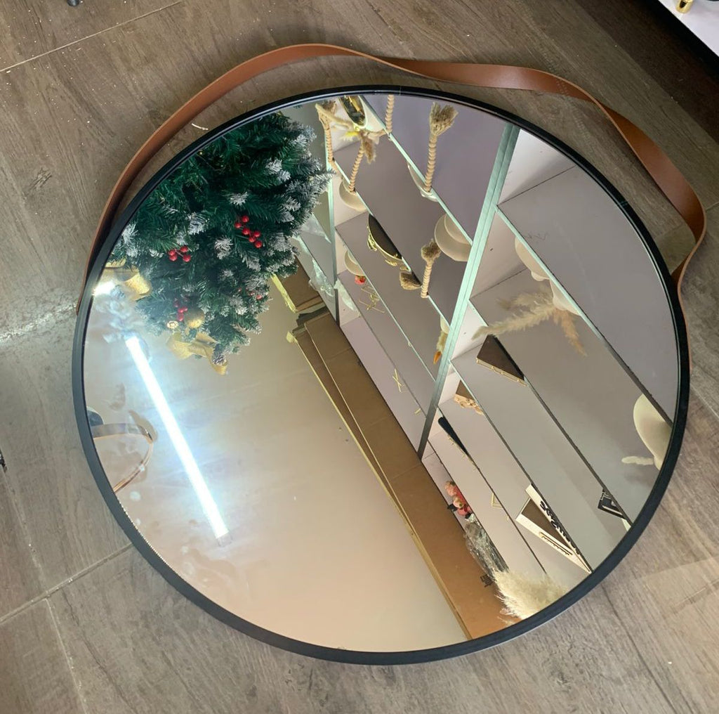 Nordic Round Mirror Black frame - close-up flat lay on floor