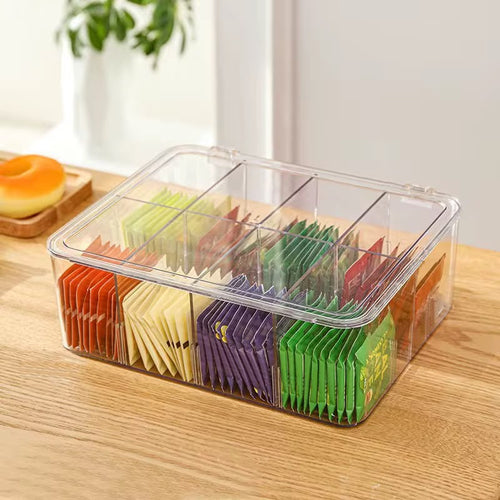 8-Slot Tea Organizer - angled view with tea bags on wooden surface