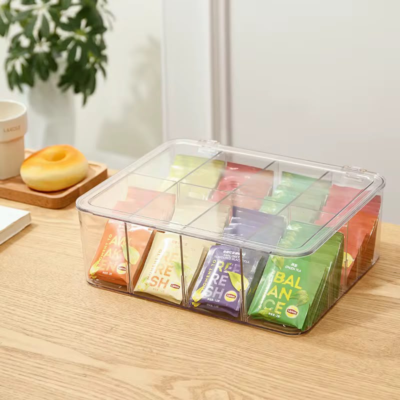 8-Slot Tea Organizer - open lid showing Twinings and Lipton tea bags