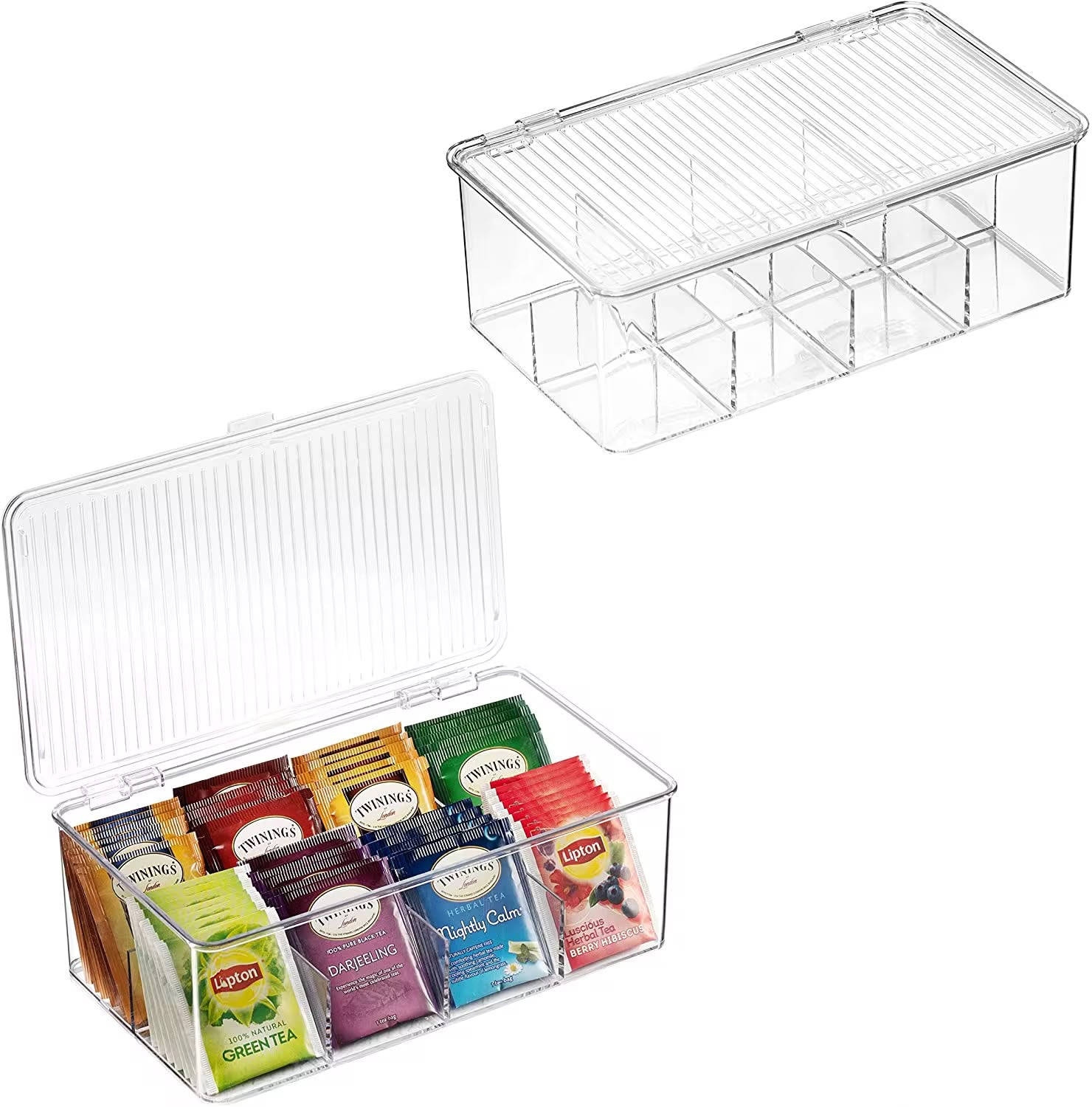 8-Slot Tea Organizer - open lid with Twinings tea bags, white background