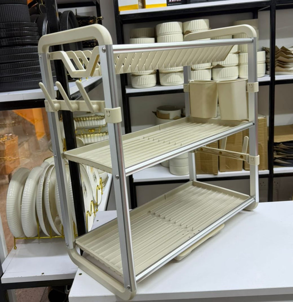 3-Tier Aluminum Dish Drying Rack in store showing full structure with cutlery holder, cup hooks and draining tray