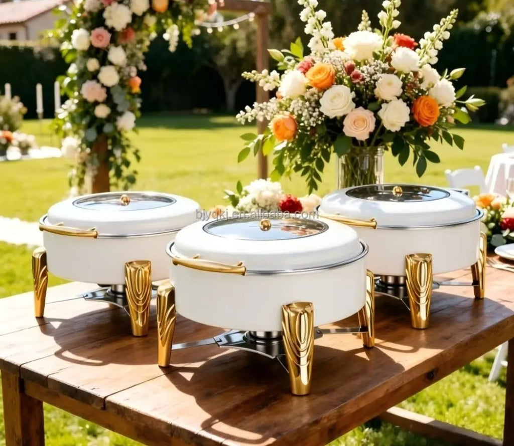 White and Gold Square Hydraulic Chafing Dishes set up at outdoor garden wedding with flowers