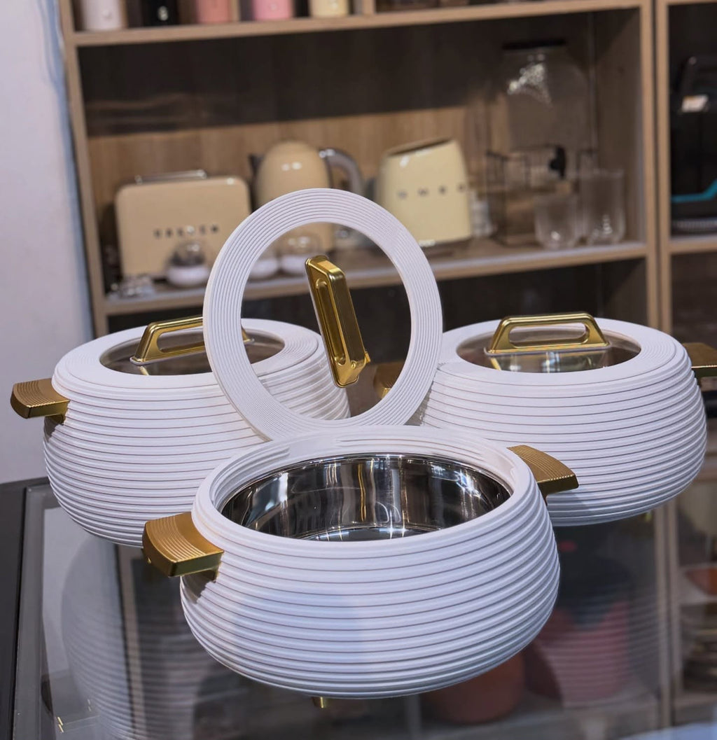 3pcs White and Gold Ribbed Hotpot Set with one lid open showing stainless steel interior