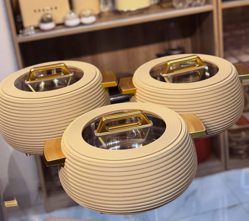 3pcs Cream and Gold Ribbed Insulated Hotpot Set with clear window lids - store display