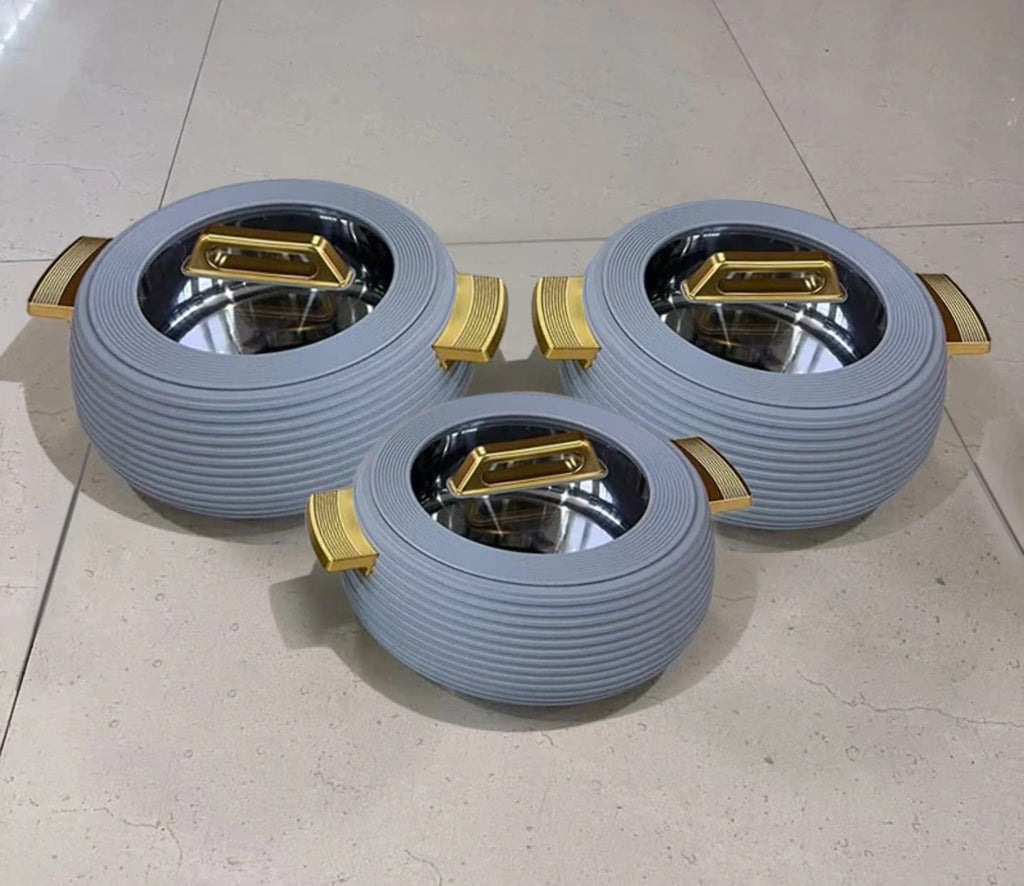 3pcs Grey and Gold Ribbed Insulated Hotpot Set on white tile floor