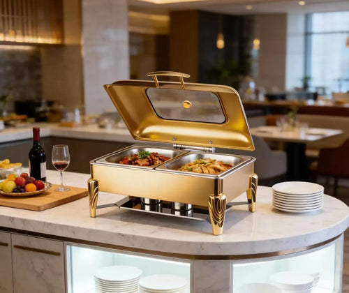 9L Gold Hydraulic Chafing Dish open showing double compartment with food - hotel buffet setting