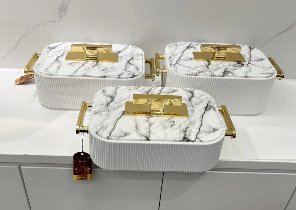 Forakin 3pcs White Marble and Gold Food Warmer Set on white marble countertop