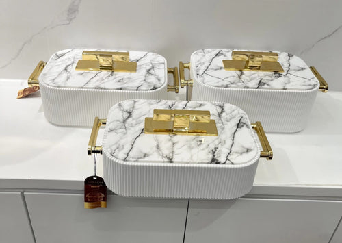 Forakin 3pcs White Marble and Gold Food Warmer Set on white marble countertop