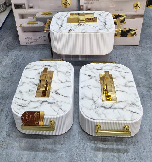 Forakin 3pcs White Marble and Gold Food Warmer Set store display showing all 3 sizes