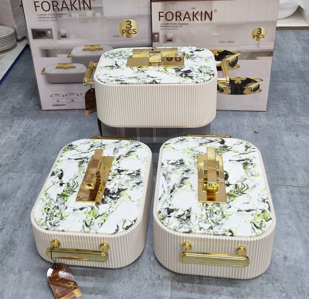 Forakin 3pcs Green Marble and Gold Food Warmer Set all 3 pieces with gold handles