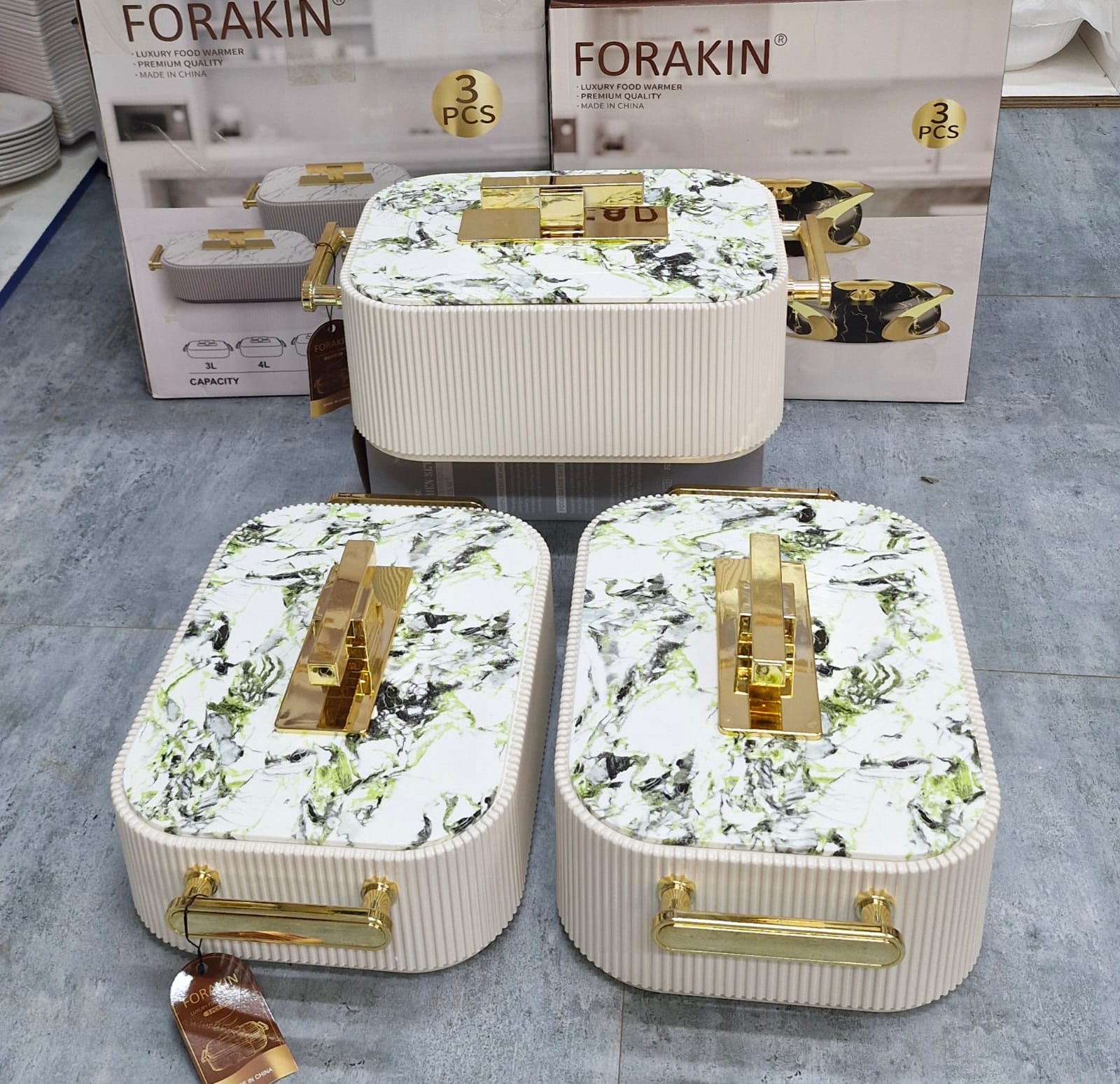 Forakin 3pcs Green Marble and Gold Food Warmer Set all 3 pieces with gold handles