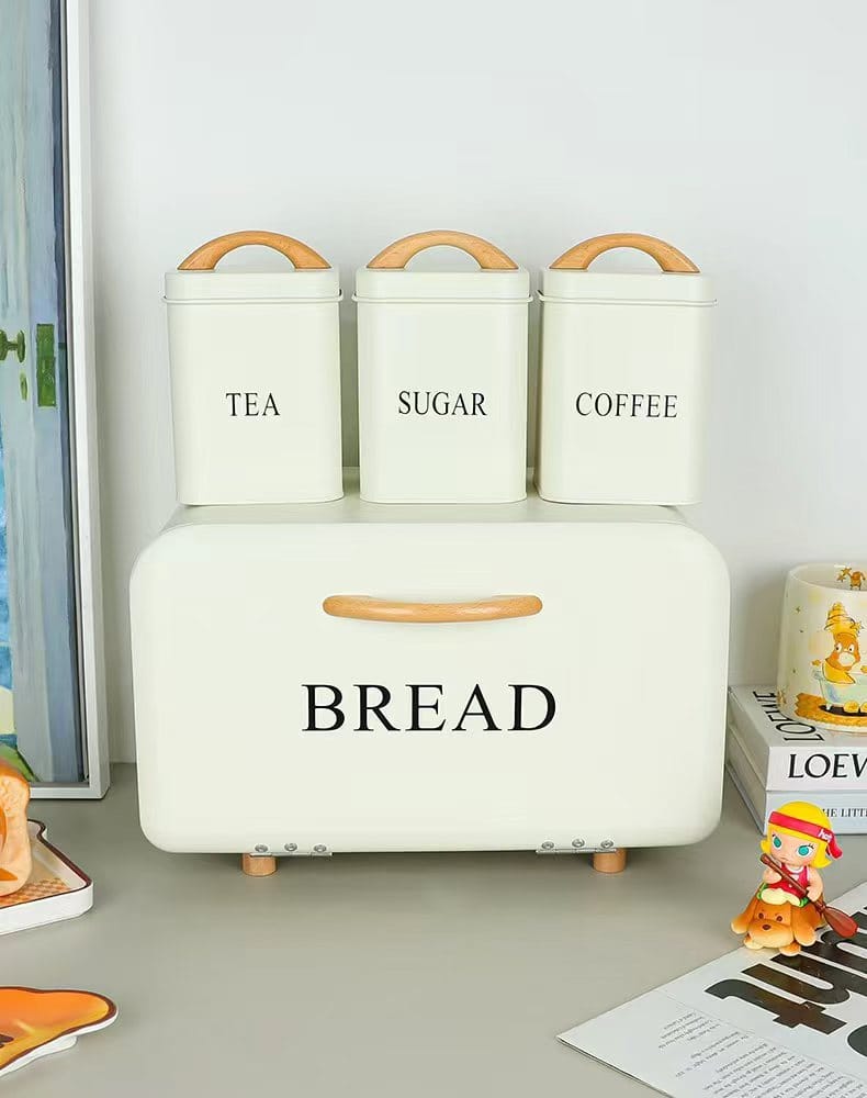 4pc Cream Metal Bread Bin and Canister Set with wood handles - full set on countertop