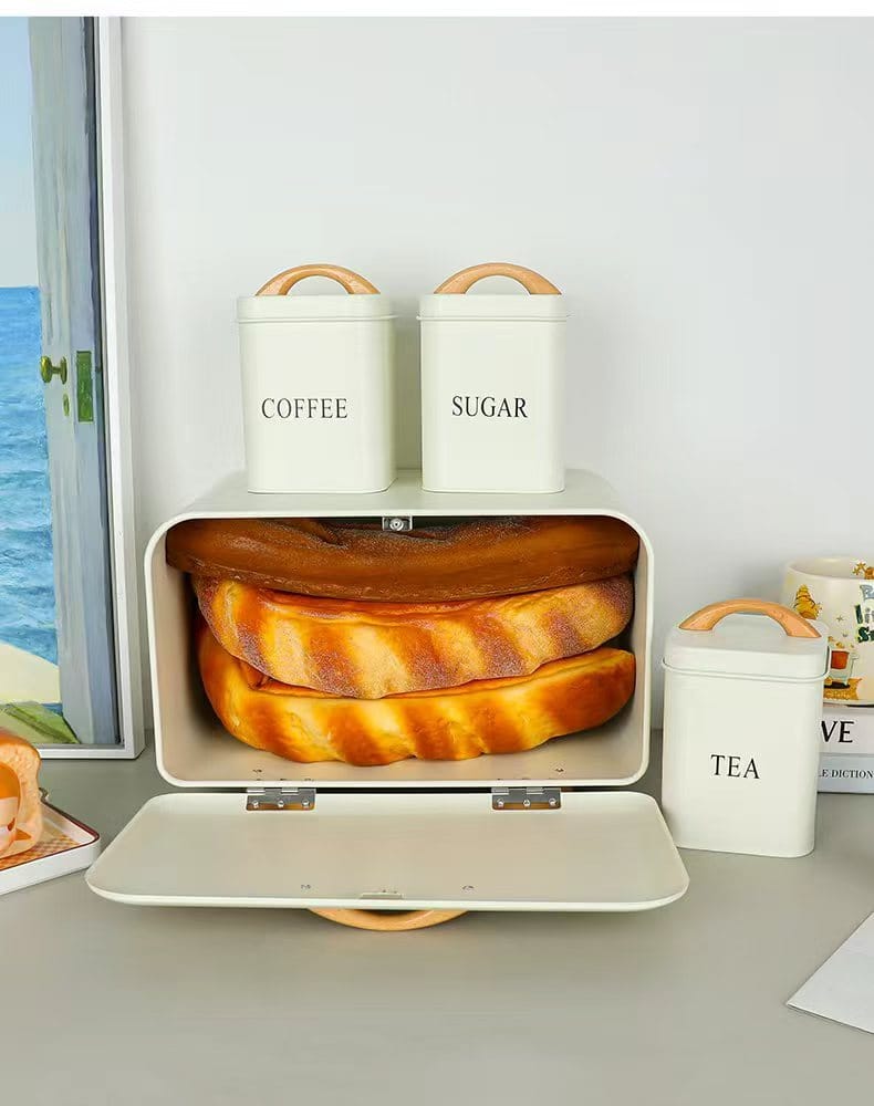 Cream Bread Bin open showing interior capacity with bread inside and canisters on top