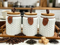 3pc Aesthetic Ceramic Canister Set with Wooden Tray - Coffee, Tea, Sugar