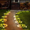 Solar pathway lights lining a garden walkway at night