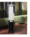 Tall column outdoor gas patio heater with 360 degree glass flame tube on a wooden deck