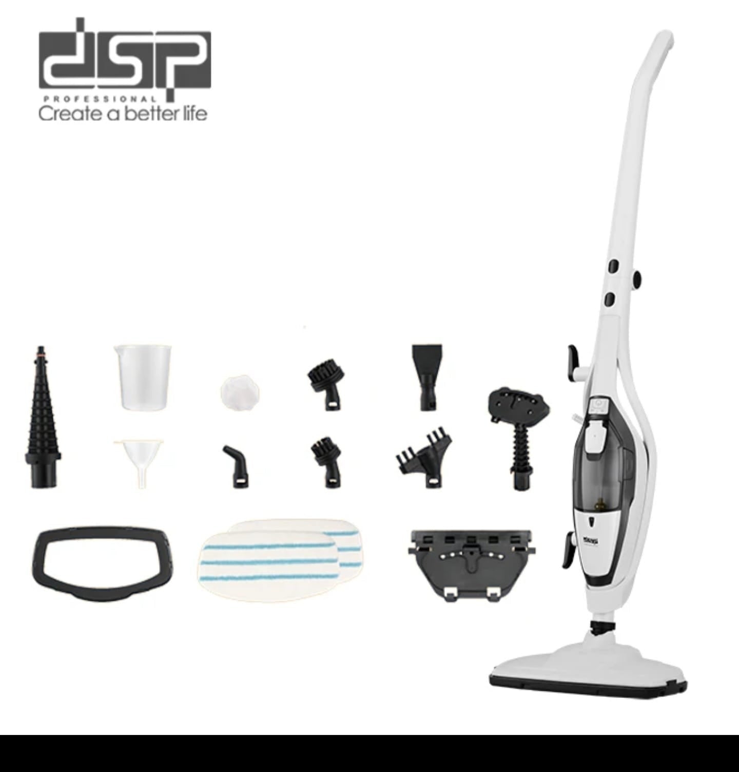 DSP 10-in-1 Steam Mop with all attachments laid out