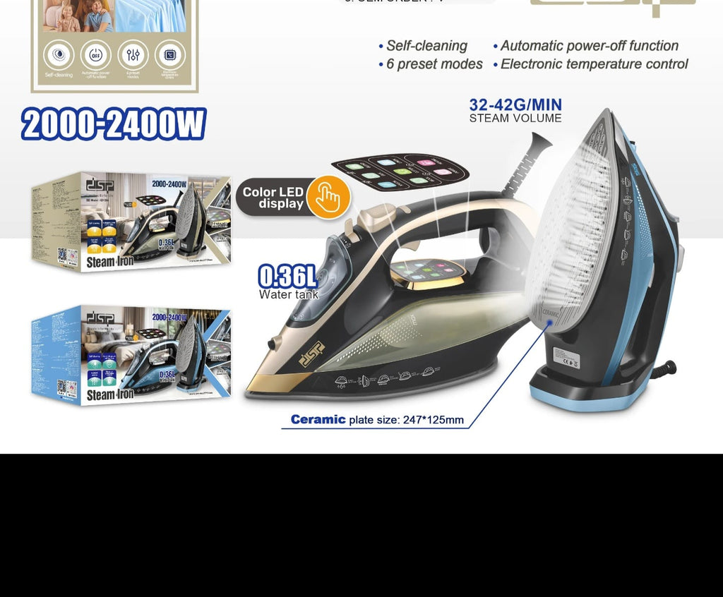 DSP Ceramic Steam Iron blue lifestyle shot with product box