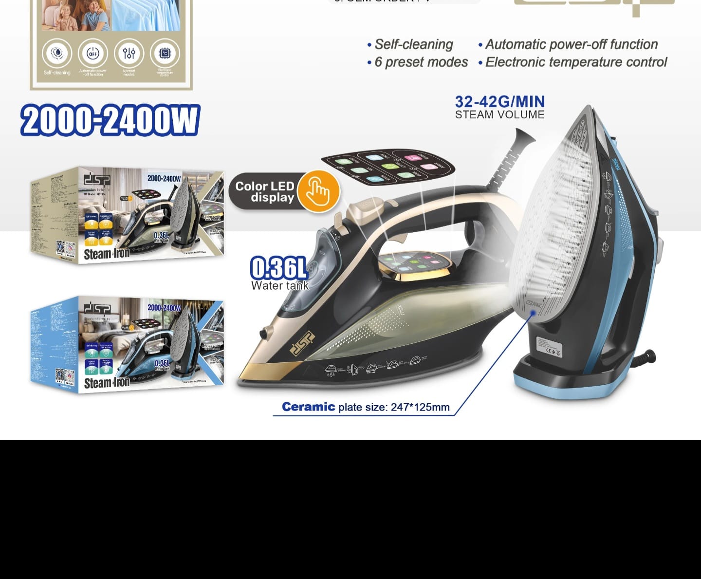 DSP Ceramic Steam Iron blue lifestyle shot with product box