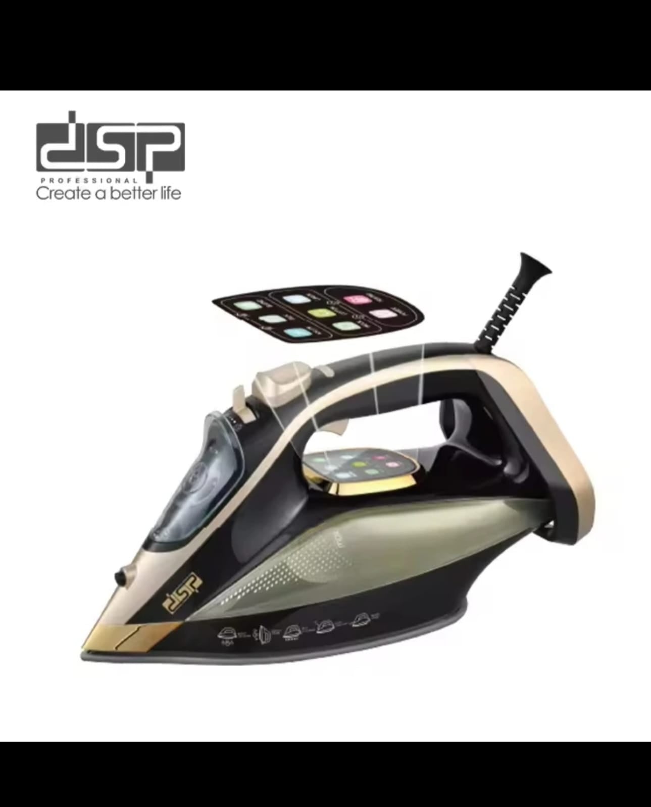 DSP Steam Iron specs - 2000-2400W, 0.36L tank, ceramic plate, steam volume