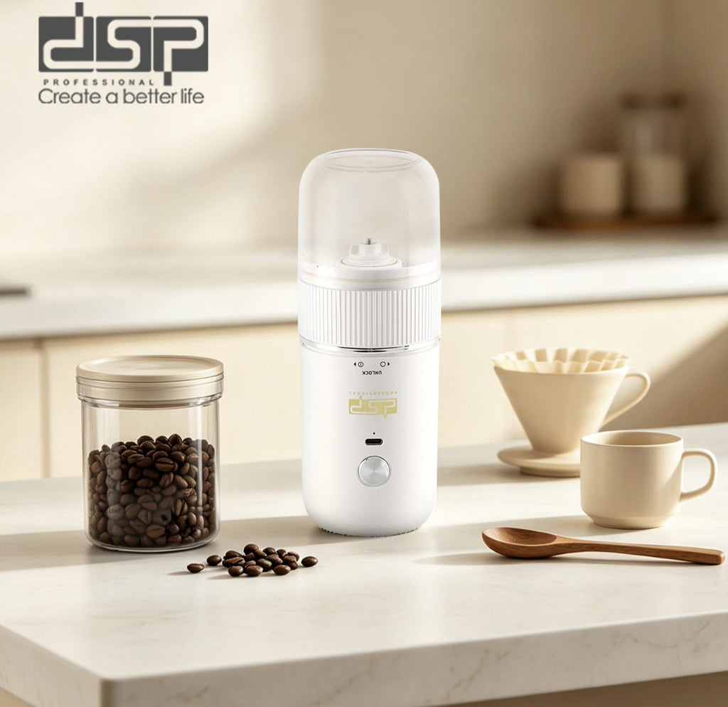 DSP Cordless Coffee Spice Grinder white on kitchen counter